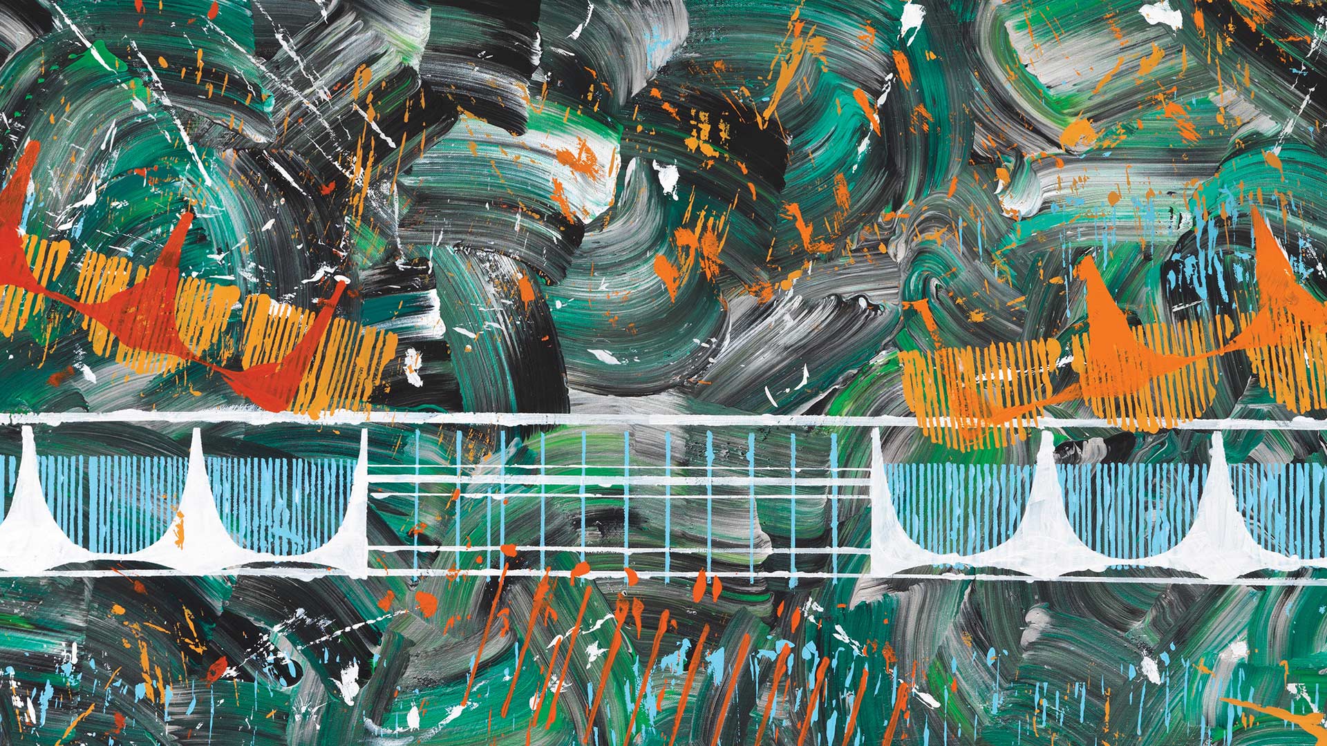 Obra em pintura em tela de Alex Flemming. Em destaque na cor branca a fachada do Palácio da Alvorada com suas figuras estilizadas de losangos nas laterais e ao centro o espaço marcado por linhas verticais e horizontais. Sob os losangos em laranja aparecem sombras dos mesmos desenhos e ao fundo em preto, verde, branco e laranja tem-se pinceladas dessas cores.