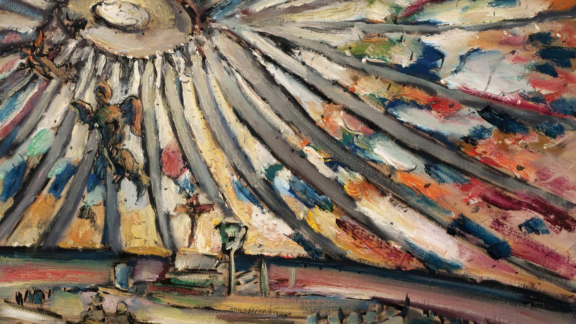 Obra em pintura de tela de Carlos Bracher do interior da Catedral de Brasília com linhas ligeiramente abstratas que formam a estrutura de cimento e os vidros coloridos, na esquerda, pendurados no teto evidenciam as esculturas dos anjos e ao centro mostra um cálice, uma hóstia e ao fundo uma cruz. 