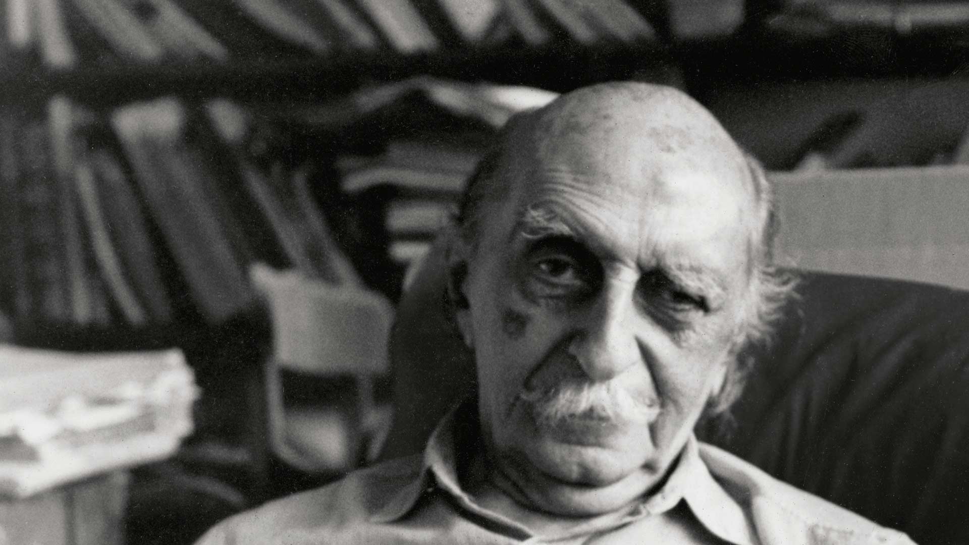 Fotografia em preto e branco de Lúcio Costa. Ele está enquadrado do tórax para cima sentado em uma cadeira estofada e ao fundo há uma estante com vários livros. Ele tem pele clara, é calvo e os poucos cabelos que aparecem na lateral de sua cabeça são brancos. Tem sobrancelhas grossas, seu olho esquerdo está levemente fechado e em sua bochecha direita há uma mancha escura. Ele usa bigode grande e branco que cobre a boca.