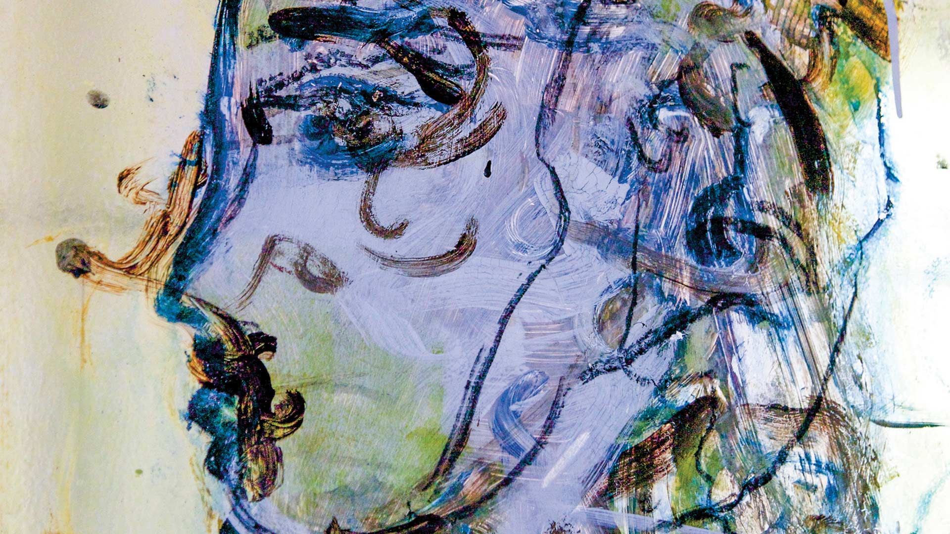 Desenho abstrato de Naura Timm composto por traços e linhas nas cores azul, cinza, marrom, amarelo e verde do perfil de um rosto com traços imprecisos e deformados. Percebe-se a visão de um olho na área central da tela de forte expressividade, nariz pequeno e fino e boca marcada por traços. Rosto de perfil, sem forma e impreciso composto por traços. 