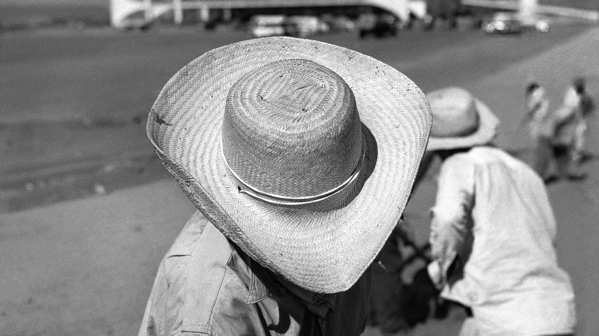 Fotografia em preto e branco de Peter Scheier mostra em destaque o chapéu de palha de um trabalhador. Ele tem abas largas e ligeiramente viradas para cima. Ao fundo e desfocado estão outros três homens, todos de costas.